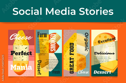 Perfect cheese mania dairy farm delicious social media stories set vector illustration