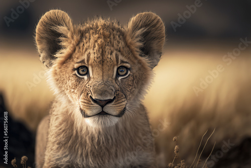 Adorable baby African lion cub on an savannah. Digital artwork	
