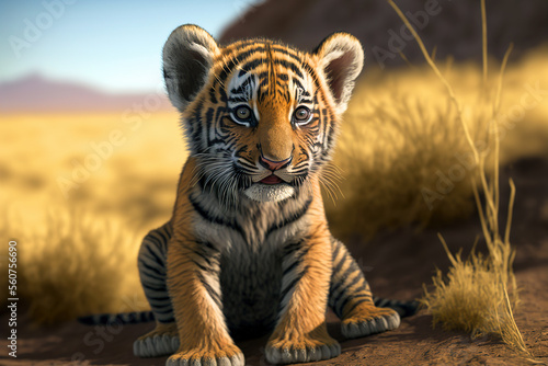 Adorable baby tiger cub on an savannah. Digital art 