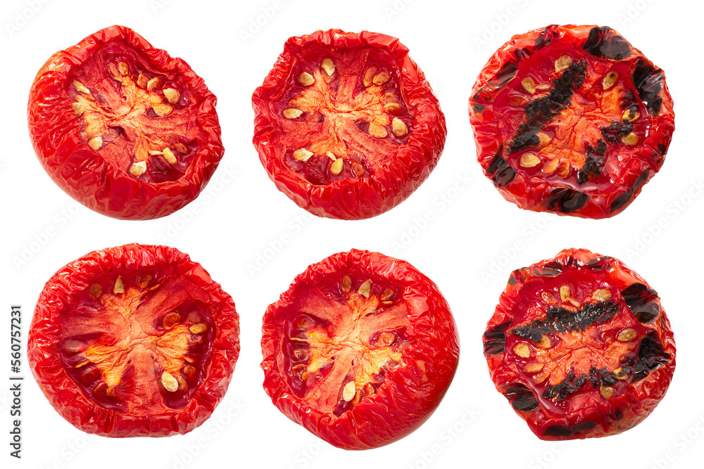Semi-dried and grilled globe tomato halves, isolated png - obrazy, fototapety, plakaty 