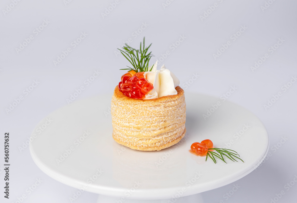 Food photography of starter with caviar, cream, dill, snack, seafood Food photography of starter with caviar, cream, dill, snack, seafood
