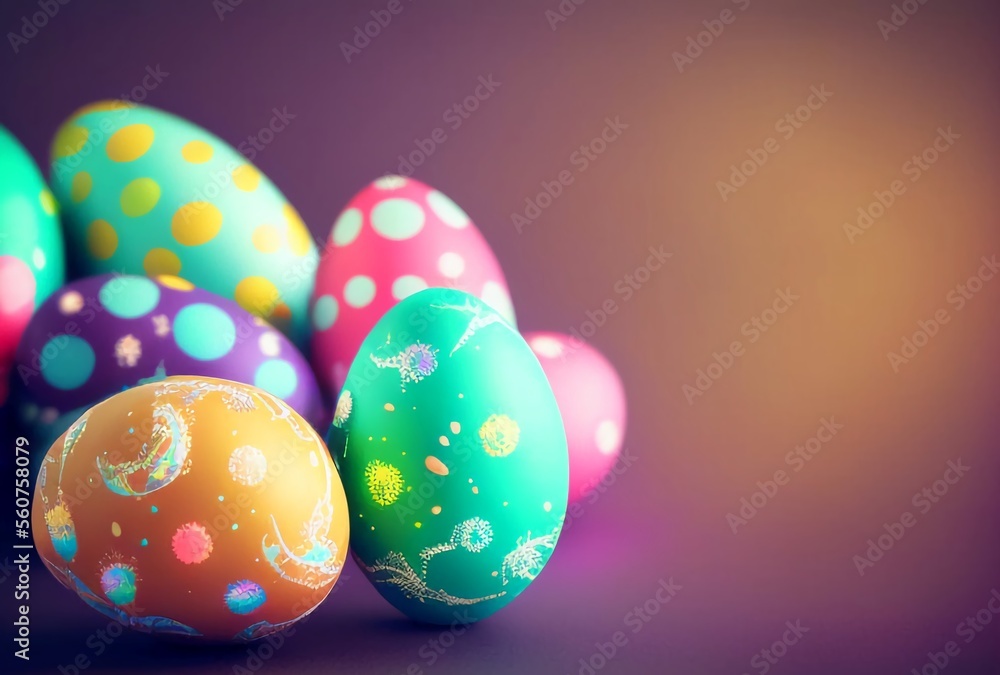 Obraz premium Multicolored Easter eggs with copy space. Generated by AI