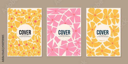 Groovy abstract flower cover set. Floral botanical vector illustration in yellow, pink, orange colors. Contemporary poster and background. Organic doodle shapes in trendy naive retro hippie 60s 70s st