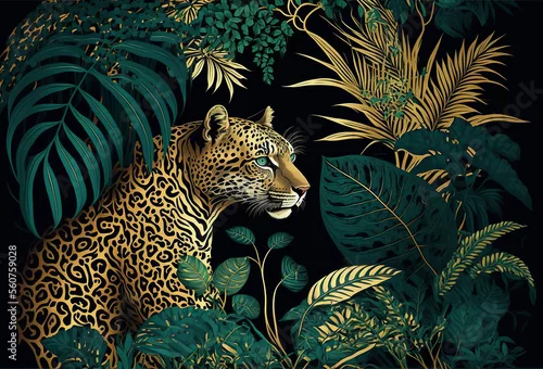 Obraz Tropical art nouveu, art deco print design with leaves and leopard. Generative ai