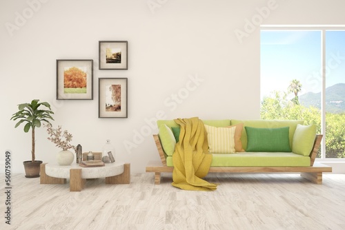 White living room with sofa. Scandinavian interior design. 3D illustration