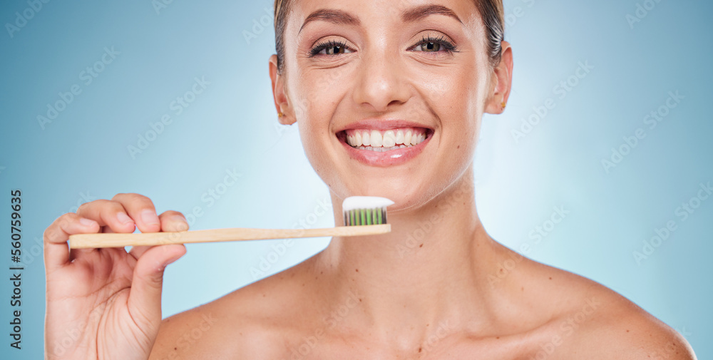 Brushing teeth, dental and woman with toothbrush for teeth whitening