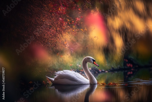 Fototapeta Naklejka Na Ścianę i Meble -  illustration of close up portrait shot of beautiful white swan swim in nature pond with bokeh light and natural background 