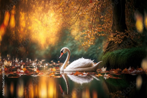 Fototapeta Naklejka Na Ścianę i Meble -  illustration of close up portrait shot of beautiful white swan swim in nature pond with bokeh light and natural background 