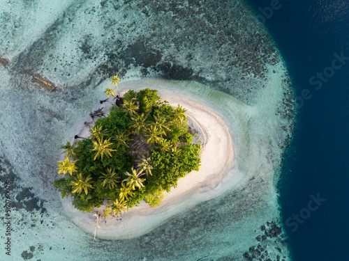 A beautiful coral reef surrounds a scenic island in the Solomon Islands. This beautiful country is home to spectacular marine biodiversity and many historic WWII sites.