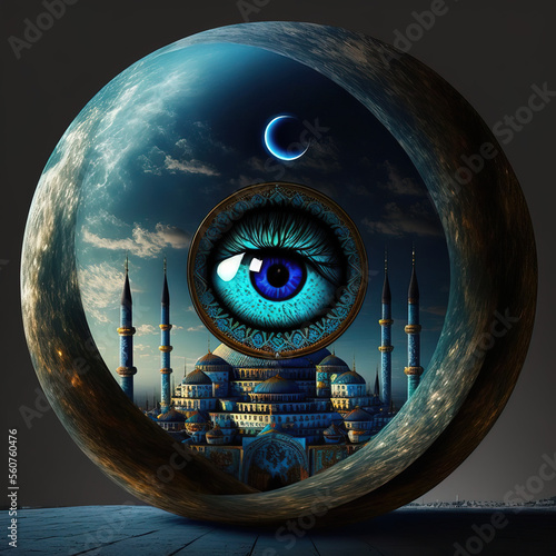 The all-seeing eye in crystal ball with castle or palace background. Generative AI
 photo