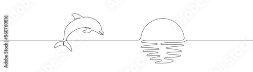 Continuous line dolphin on sunset on white background. Sun sign. Relax, summer symbol. One line art. Simple design. Thin line sketch. Flat design.