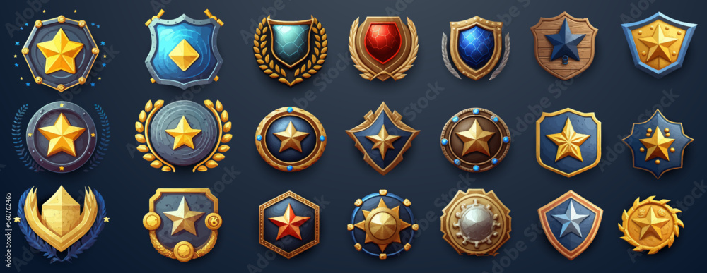 Ranking badges with star and fantasy frame for game ui, gui design. A beautiful fantastic children's play template isolated on background. Vector illustration - obrazy, fototapety, plakaty 