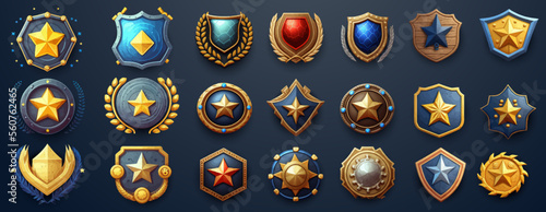 Ranking badges with star and fantasy frame for game ui, gui design. A beautiful fantastic children's play template isolated on background. Vector illustration