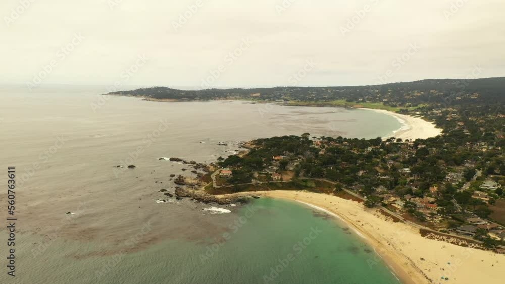 Aerial Beautiful View Of Houses And Trees On Cliff, Drone Flying Backwards Over Sea At Beach - San Francisco, California Aerial Beautiful View Of Houses And Trees On Cliff, Drone Flying Backwards Over Sea At Beach - San Francisco, California