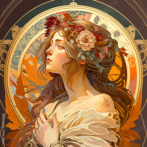 Beautiful fine art in the style of modernist artist Alphonse Mucha.