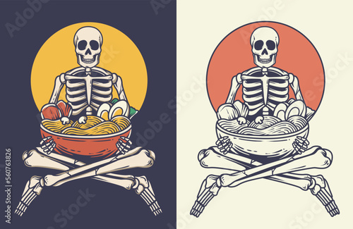 skeleton holding ramen illustration in colors and black white