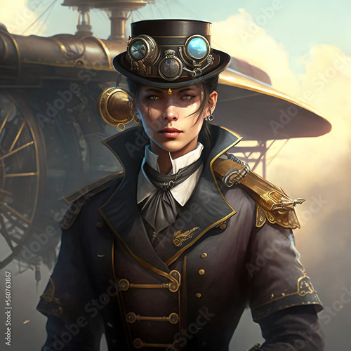 steampunk portrait if woman with high hat and goggles, generative ai