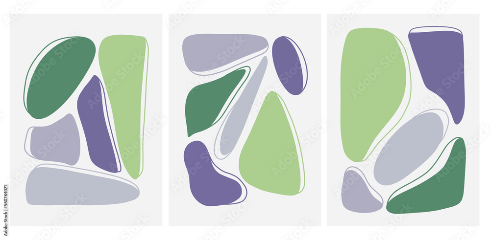 Wall art decoration with three pastel abstract figures drawing in boho minimal style. Vector illustrations with spotsand lines. Green, violet, salad, lilac color. Modern trendy interior design.