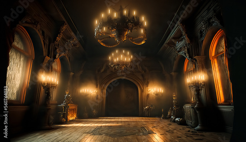 A realistic fantasy interior of the palace. Dark castle interior. golden palace. Fiction Backdrop. concept art. 
