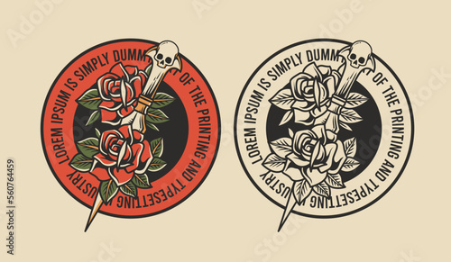 vintage badges and roses with skeleton dagger