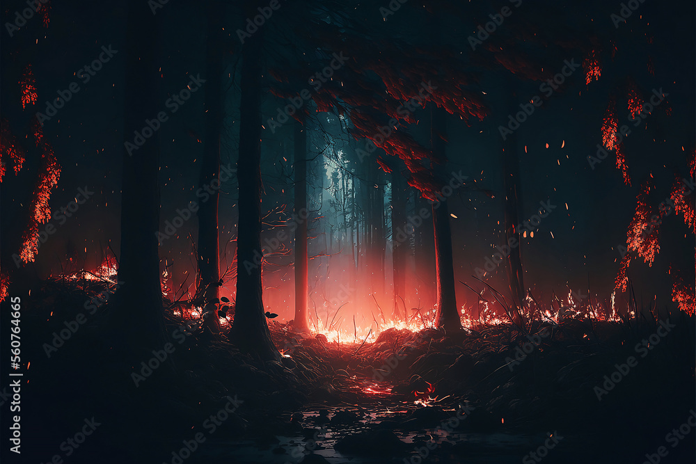 Magic Forest Fire A magical dark forest on fire digital illustration Stock Illustration ...