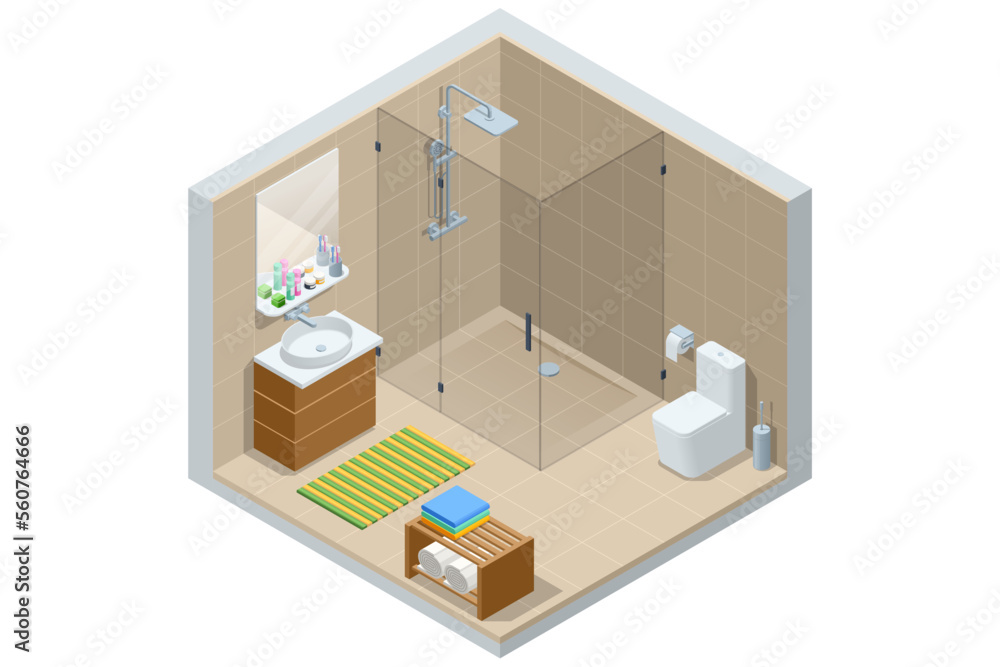 Isometric modern bathroom interior with a white toilet, mirror, sink, and shower cabin. Isometric modern bathroom interior with a white toilet, mirror, sink, and shower cabin.