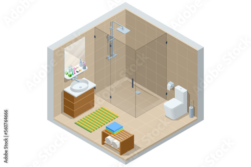 Isometric modern bathroom interior with a white toilet, mirror, sink, and shower cabin.