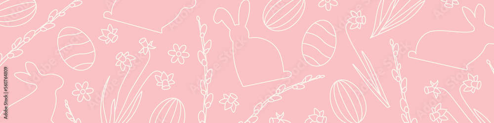 Easter banner with daffodils, willow catkins branches, eggs and bunnies - vector illustration
