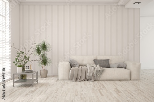 White living room with sofa. Scandinavian interior design. 3D illustration