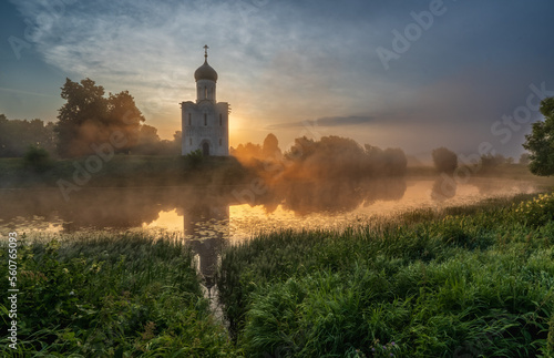Sunrise on the Nerl River , the Church of the Intercession, built in the 12th century, historical and cultural heritage of Russia, Vladimir region