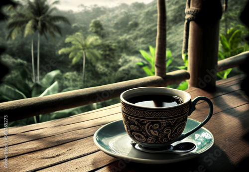 morning coffee on wooden balcony in hidden village. View of beautiful jungle.. photo