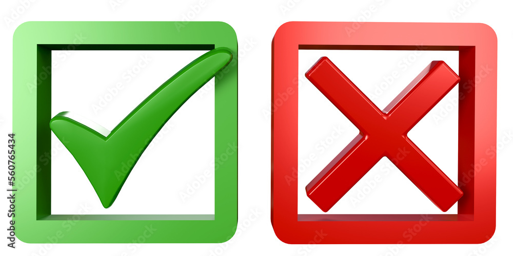 Set of green check marks and red crosses. design for copy space checklists, approval lists, and presentations. with translucent. 3D render illustration Set of green check marks and red crosses. design for copy space checklists, approval lists, and presentations. with translucent. 3D render illustration