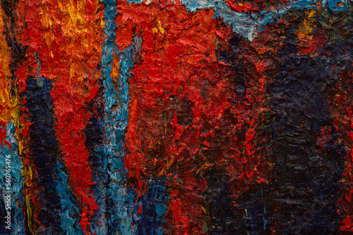 Orange red blue abstract painting. Beautiful brush strokes and canvas textures close-up. Textured abstract sunset background. Oil painting fragment. Expression. Original artistic background