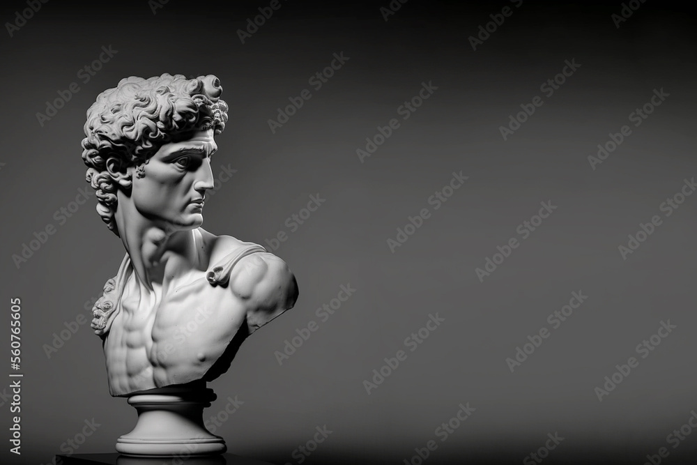 Gypsum statue of David's head, AI generated image, Michelangelo's David statue plaster copy on dark background. Ancient greek sculpture, statue of hero.