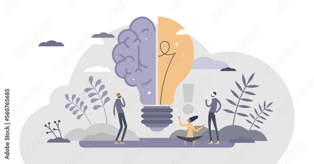 Creative brain with innovative knowledge thinking scene tiny persons concept, transparent background. Brainstorming process with imagination and genius approach to business illustration.