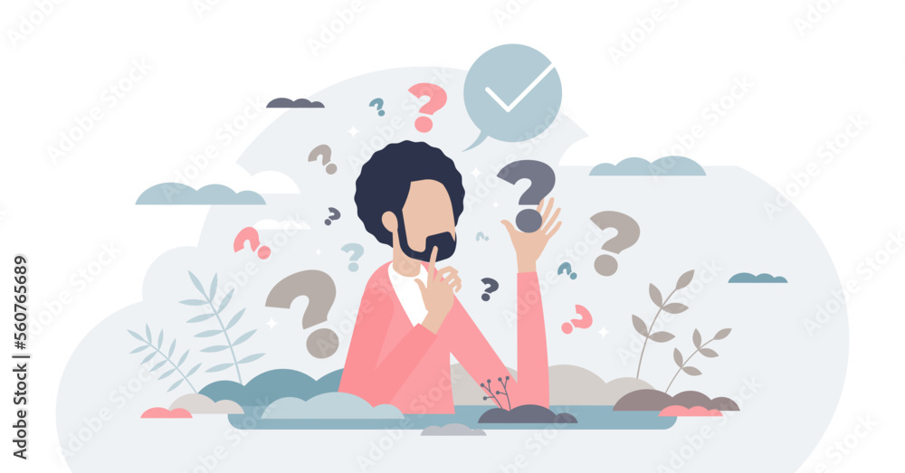 Decision making confusion and successful option choice tiny person concept, transparent background.Doubt and struggle about strategy, path direction with symbolic question marks illustration.