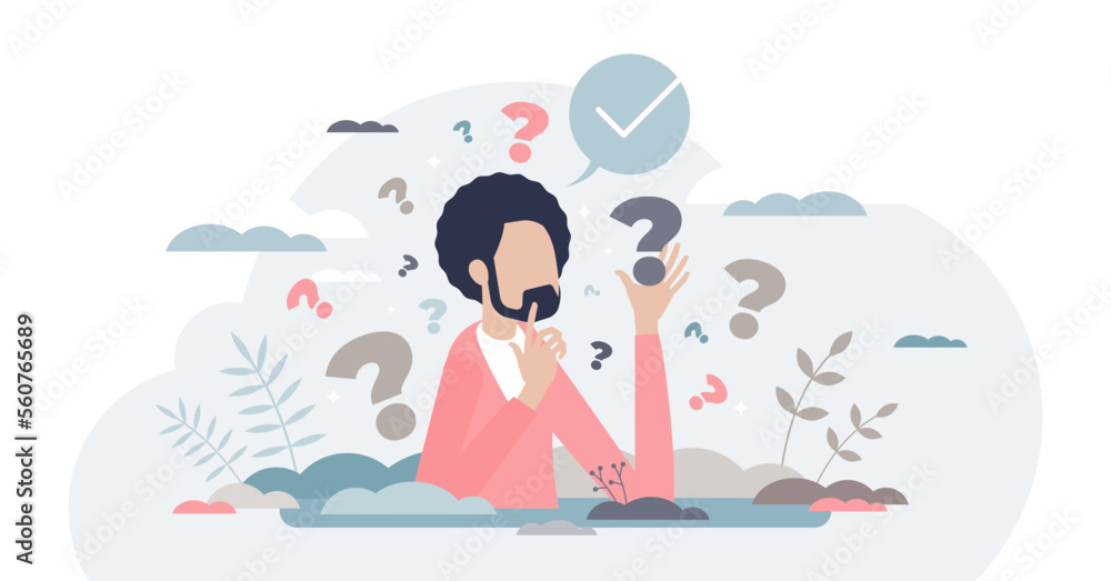 Decision making confusion and successful option choice tiny person concept, transparent background.Doubt and struggle about strategy, path direction with symbolic question marks illustration. Decision making confusion and successful option choice tiny person concept, transparent background.Doubt and struggle about strategy, path direction with symbolic question marks illustration.