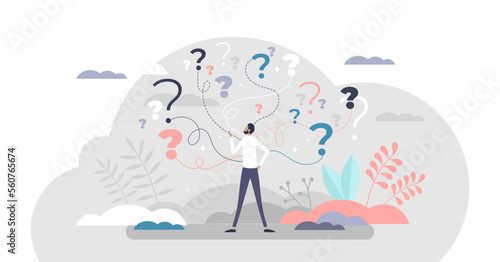 Business decision making doubt about options confusion tiny person concept, transparent background. Choice about company work strategy illustration. Decide right solution directions.