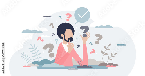 Decision making confusion and successful option choice tiny person concept, transparent background.Doubt and struggle about strategy, path direction with symbolic question marks illustration.