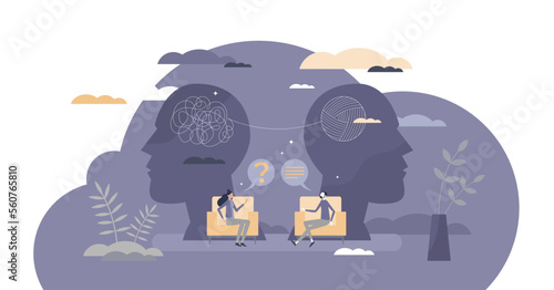 Psychology therapy doctor session with confused patient tiny person concept, transparent background. Mental health care about feelings, emotions and talking about frustration.