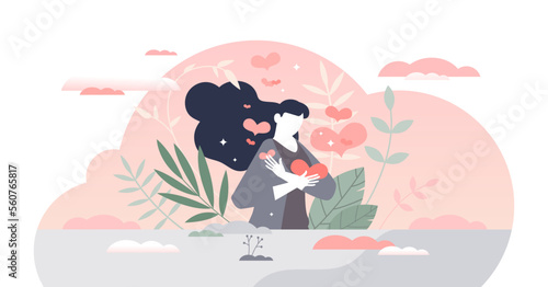 Self love, ego confidence and body acceptance and esteem tiny person concept, transparent background. Psychological and mental attitude about female look, shape and size illustration.