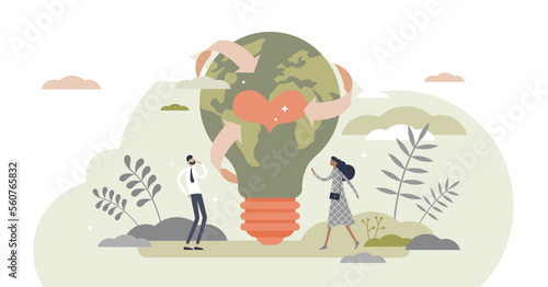 Sustainability in alternative resource electricity supply tiny person concept, transparent background. Power production using renewable, green, safe and long term source illustration.