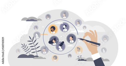 Target audience segmentation as customer group selection tiny person concept, transparent background. Social division and selection for effective advertisement and marketing illustration.