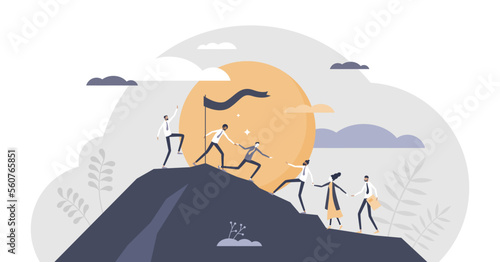 Teamwork partnership with business team assistance help tiny persons concept, transparent background. Target reaching as company employee challenge to climb to mountain together.