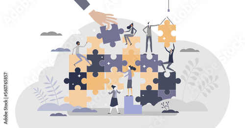 Teamwork jigsaw puzzle as partnership work assistance tiny person concept, transparent background. Team unity help for project challenges illustration.