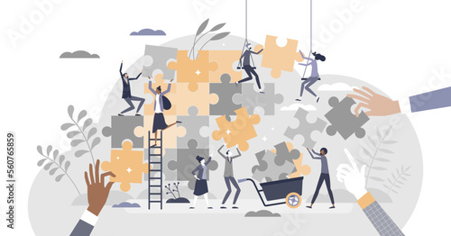 Teamwork puzzle as effective team collaboration process tiny person concept, transparent background. Active, busy and dynamic assistance help and control scene.