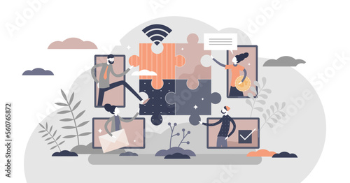 Virtual teams distance working as puzzle solving scene tiny persons concept, transparent background. Collaboration using communication technologies illustration. Abstract symbolic teamwork.