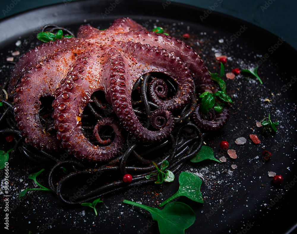 Fototapeta premium Octopus with black spaghetti, pasta, spices and herbs, top view, no people,