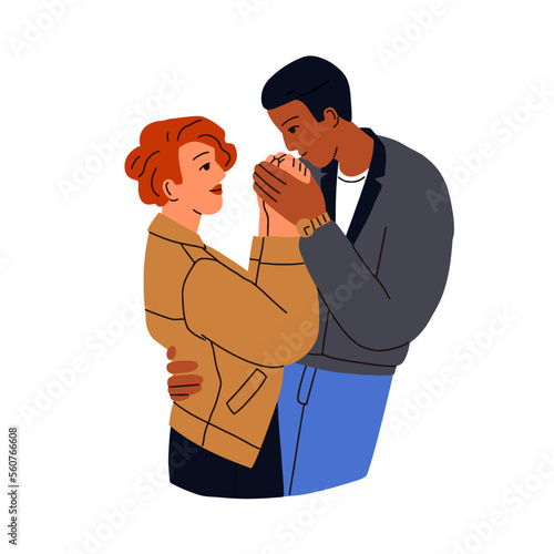 Romantic man and woman in love. Enamored biracial happy couple of valentines. Affectionate tender boyfriend kissing hands of girlfriend. Flat graphic vector illustration isolated on white background