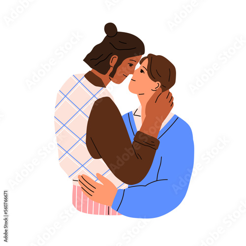 Love couple hugging, nose touching. Affectionate man, woman in romantic relationship. Enamored people. Girlfriend and boyfriend embracing. Flat graphic vector illustration isolated on white background